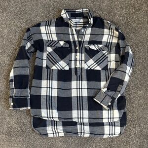 Old Navy - Ladies Button Down Navy Blue and White Plaid Shirt, Size Small